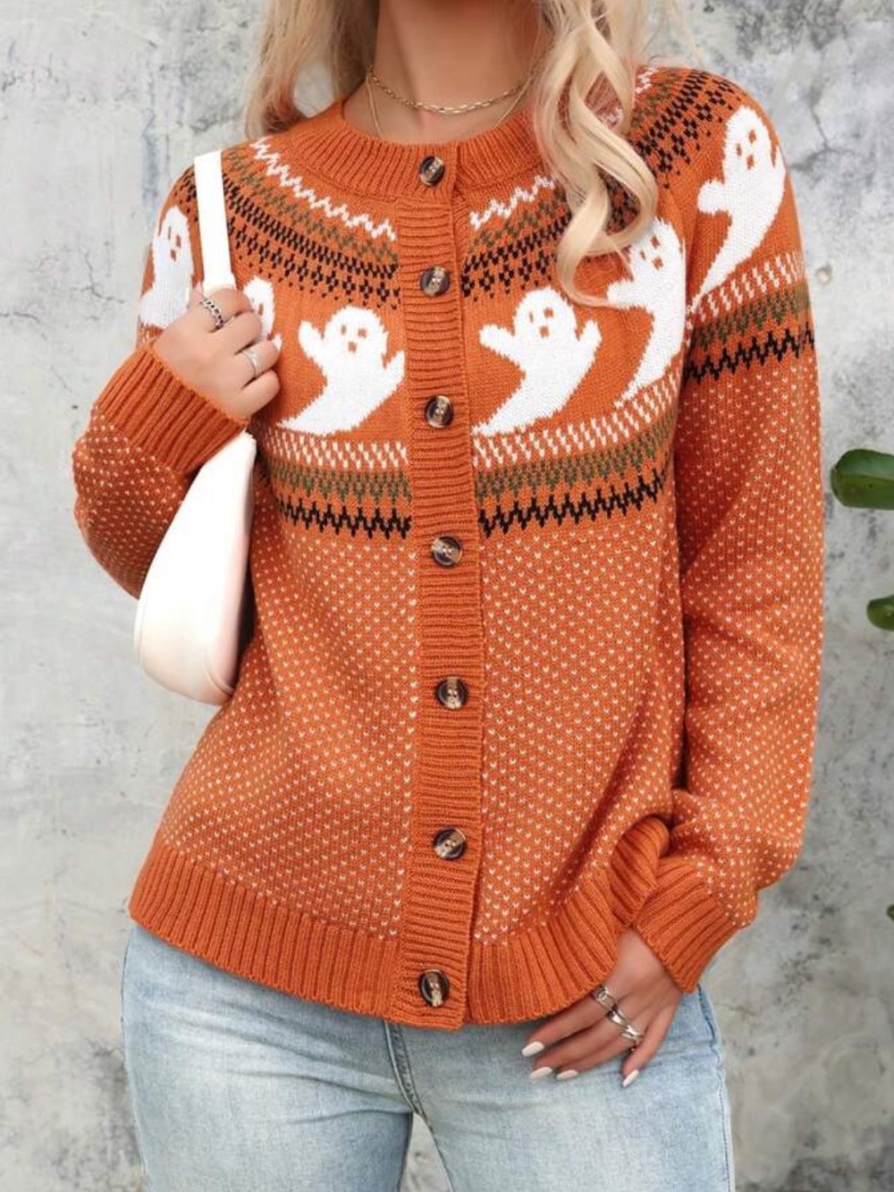 Button-Front Orange Ghost Pattern Cardigan Sweater